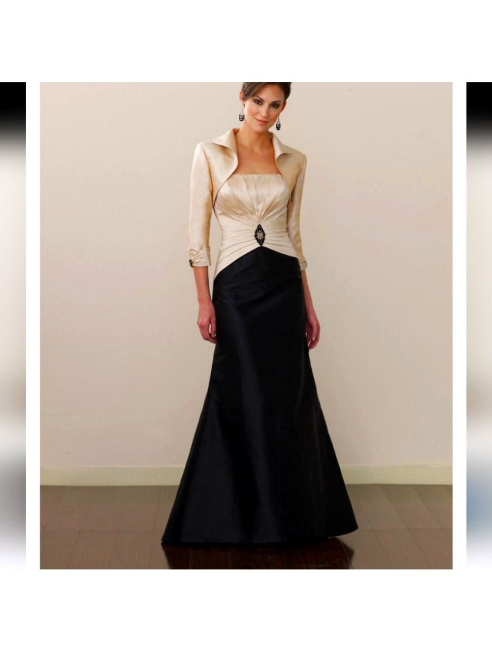 Montage Boutique Silk Shantung Black & Champagne Strapless Evening Gown, Size 4